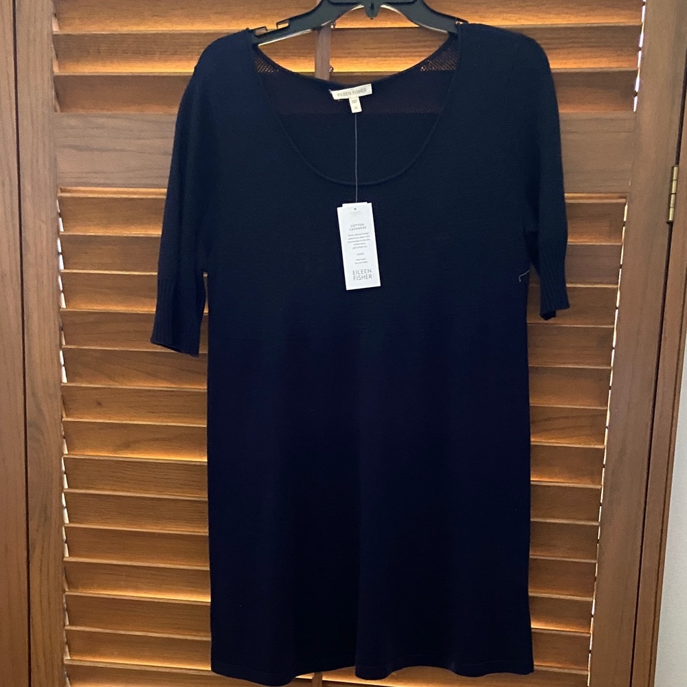 Eileen Fisher Navy Women M 10-12 Cotton Blend Sweater Tunic Top NWT